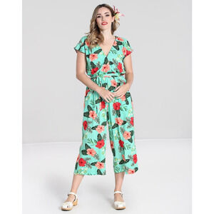 Hell Bunny Moana Hawaiian Print Jumpsuit Size M Rockabilly Pinup Tiki Tropical